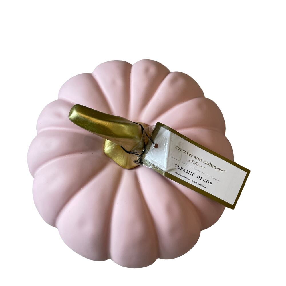 CUPCAKES & CASHMERE Pink Ceramic Pumpkin Gold Stem Posh Fall Decor New - Picture 3 of 14